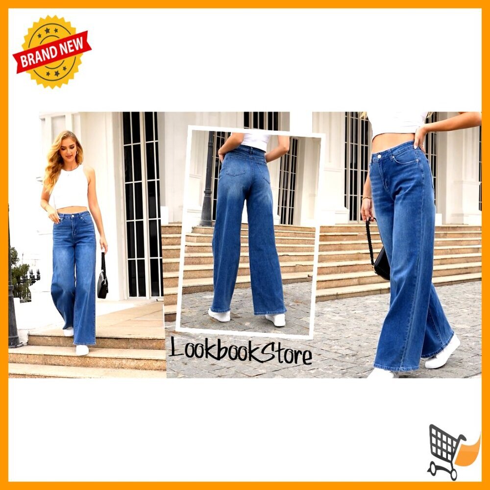 High Waisted Wide Leg Jeans Stretchy Denim Pockets Fashion - Picture 6 of 7